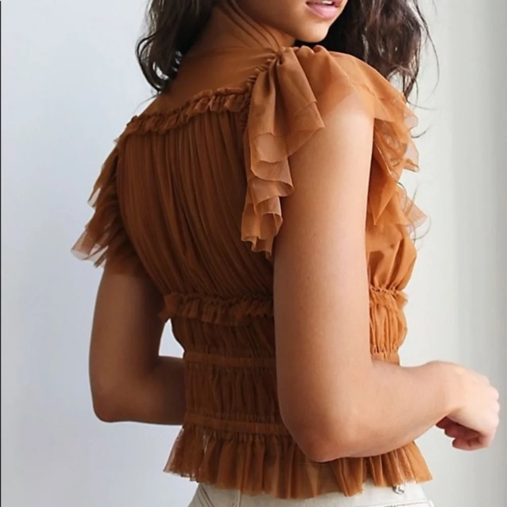 Free People Rustic Caramel Ruffled V-Neck Top - Picture 2 of 11
